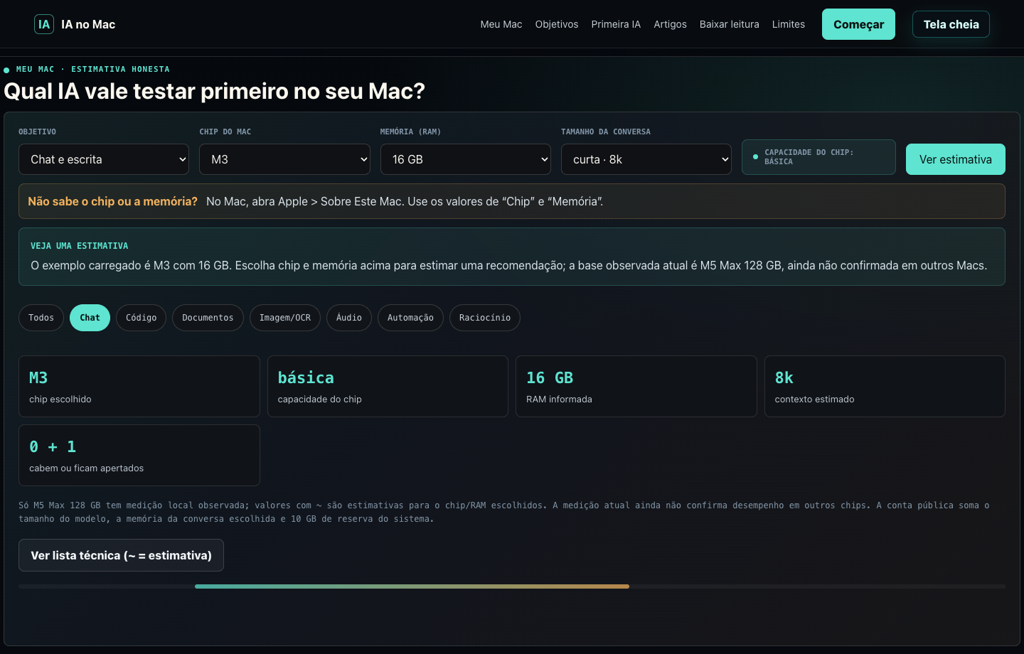 Tela do Hub mostrando o teste do Mac por chip e memória.
