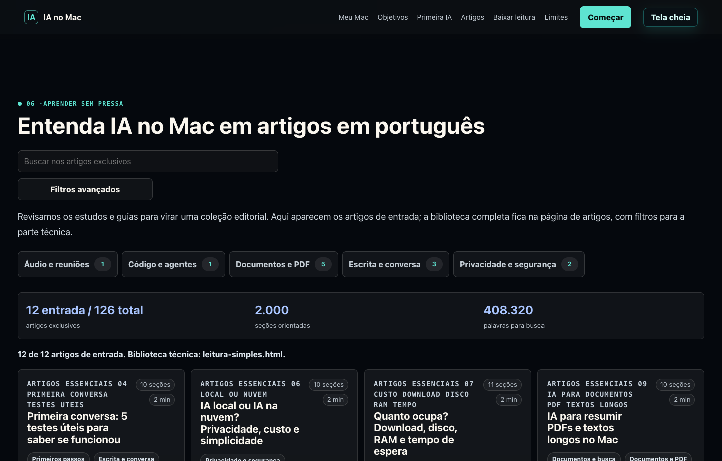 Tela do Hub mostrando filtros dos artigos por tópico, aplicação e nível.