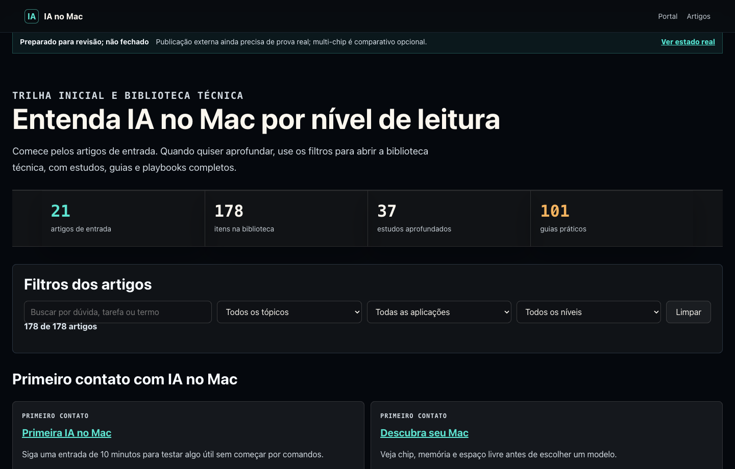 Tela de artigos exclusivos do IA no Mac com biblioteca filtrável.